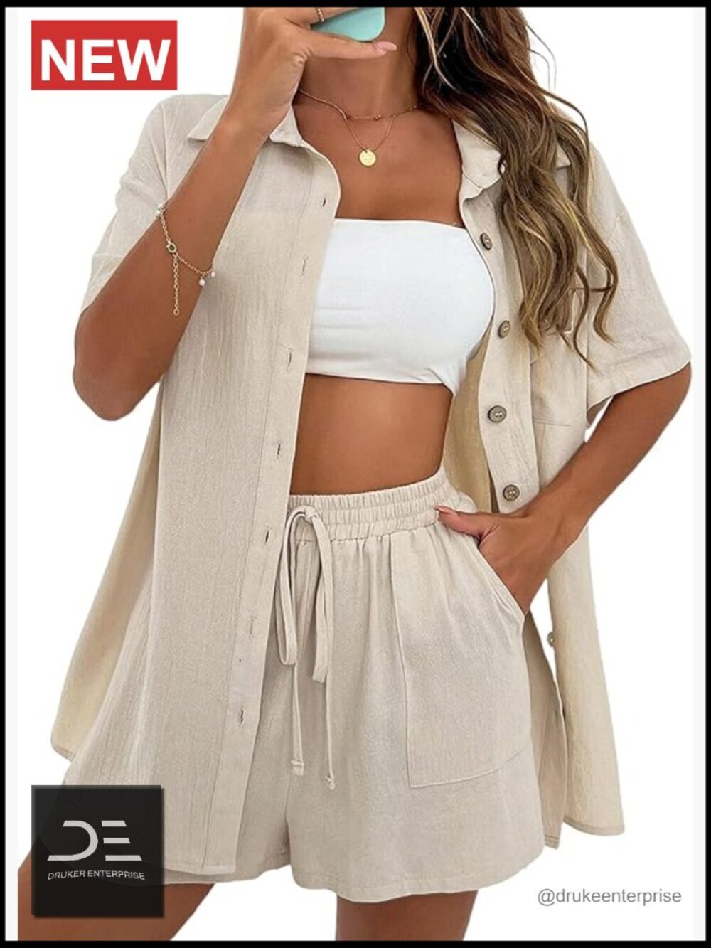 Women's Cotton Linen Button Up Short Set - 2 Piece Lounge Outfit